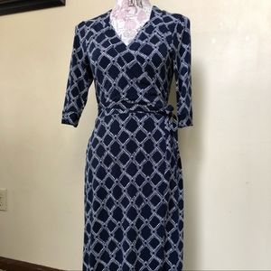 Faux wrap navy and white dress